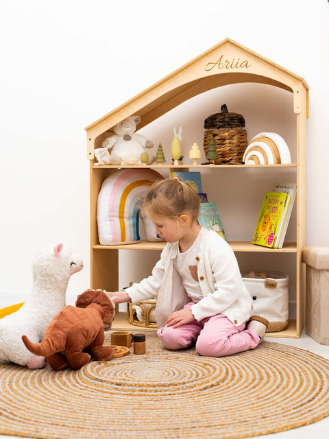 wooden dollhouse bookcase with kid's name