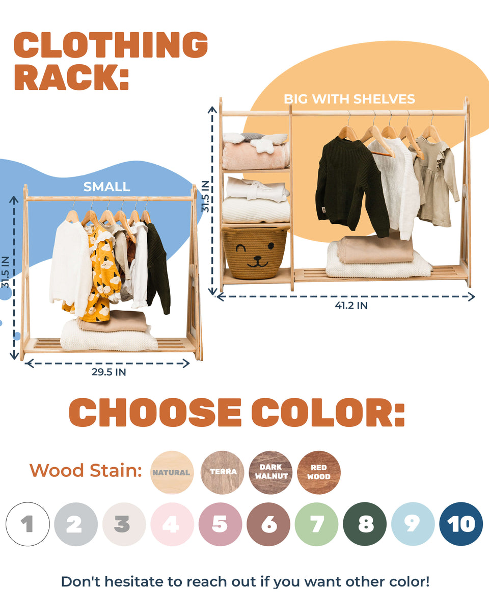 KIDS CLOTHING RACK Type A With Shelf, Wood Clothes Rack