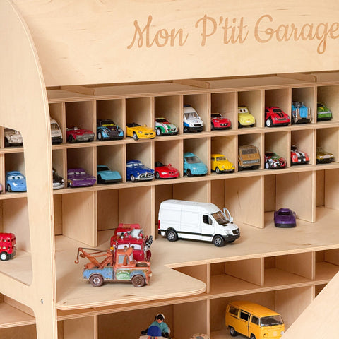Toy garage storage with a name engraved on top