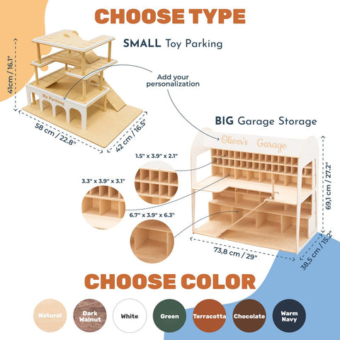 Large toy garage holding cars and trucks