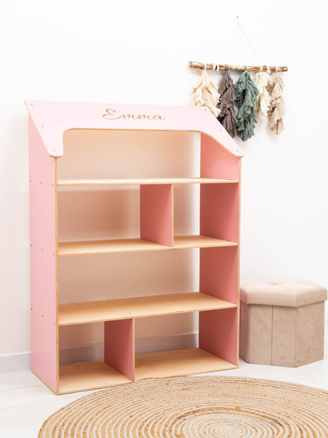 girls bookshelf dollhouse in pink color made from wood