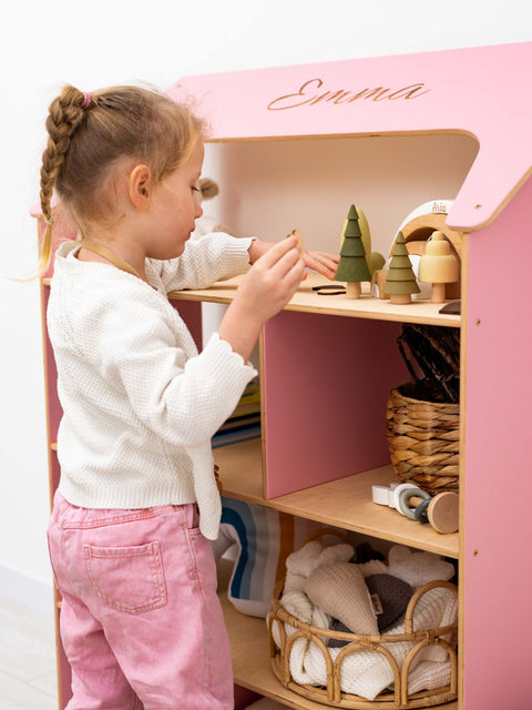 doll house bookcase in pink color for kid's nursery