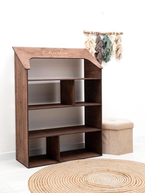 dark walnut doll house bookcase with personalization