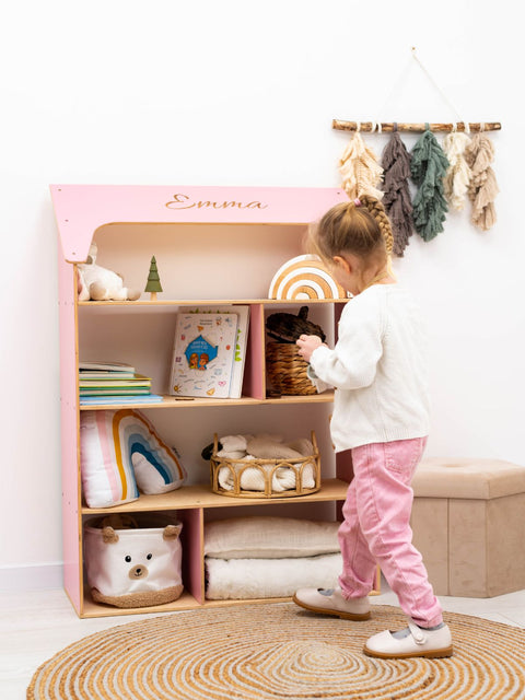 pink house shaped bookcase child-sized and personalized 
