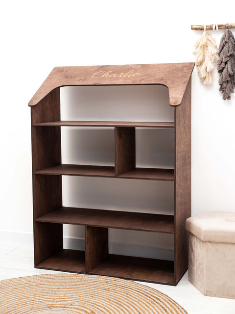 doll house bookcase in dark walnut color