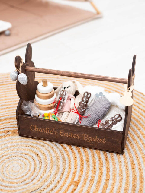 personalized bunny Easter basket made from wood