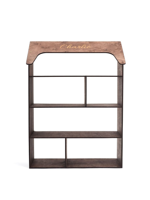 dark walnut children's house shaped bookcase