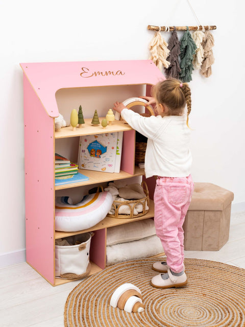 girls bookshelf dollhouse in pink color
