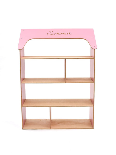 pink dollhouse bookcase with kid's name