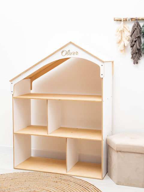 white wooden dollhouse bookcase for toy and book storage