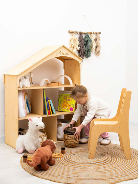 solid wood dollhouse bookcase for kid's nursery and playroom